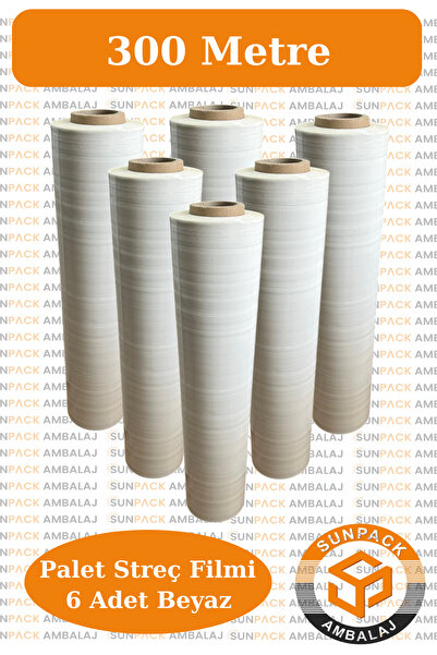 sunpack ambalaj Beyaz Palet Streç Filmi 50cm x 300m - 23 Mikron, 6 Adet, Daya...