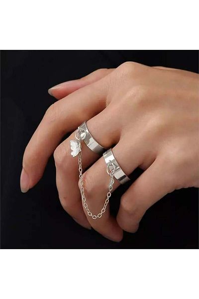 Köstebek Silver Butterfly Double Chain Ring