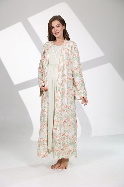 BLACKMORE Women's Green Floral Patterned Double Breasted Soft Textured Maternity Nightgown-Morning Gowns Set of 2