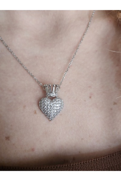ALLEGRİA قلادة قلب فضية اللون مع تاج الملكة، قلادة تاج الملكة، قلادة قلب فولاذي