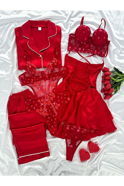Lena Homewears نيشان الأحمر محاصر 6 قطع بيجامة الساتان العملاقة الساتان ثوب النوم الملابس الداخلية مجموعة مهر الزفاف