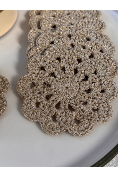 Miliva 6'lı Bardak Altlığı | Örgü Makrome Bardak Altlığı | Simli Yuvarlak El Yapımı Bardak Altlığı | 6 Adet