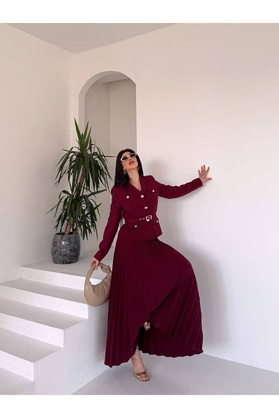 ZF BUTİK Belted Gold Buttoned Premium Jacket Skirt Suit