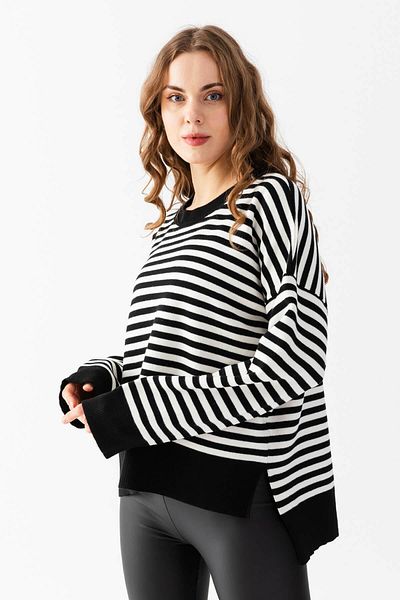Irmak Kerekli Pulover de damă, negru, cu dungi ecru, tricotaj supradimensionat 6336