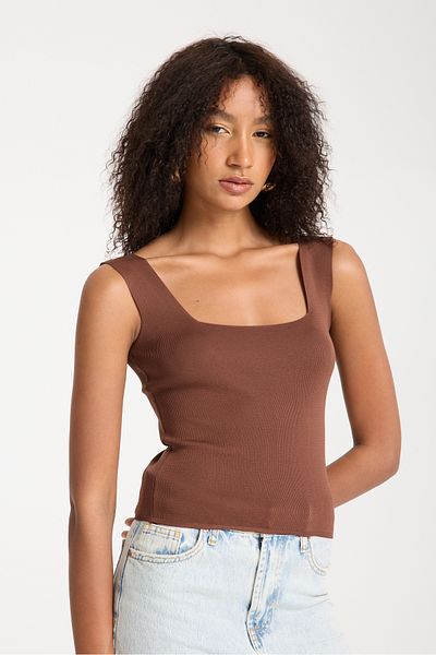 İLKCET MODA Γυναικείο πλεκτό αμάνικο Crop με τετράγωνο λαιμό