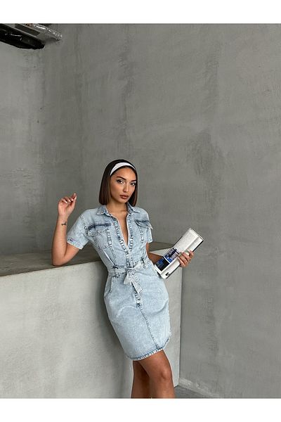 Miss Prova Rochie mini din denim - cu buzunare cu curea MİSSEL4017