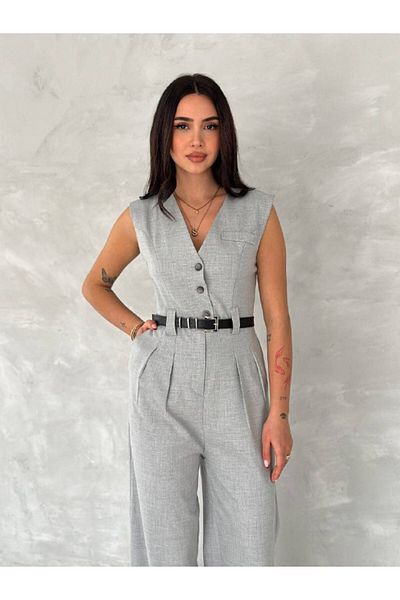 HARMONY GLOBAL Women's V-Neck Belted Waist Cinched Wide Leg Gray Linen Jumpsuit 90021