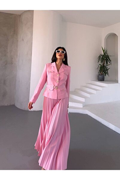 ZF BUTİK Belted Gold Buttoned Premium Jacket Skirt Suit