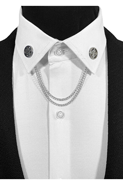 BLC Basic Line Co. Gümüş Gri Renk Yuvarlak İçinde Vintage Motif Gömlek Yaka İ...