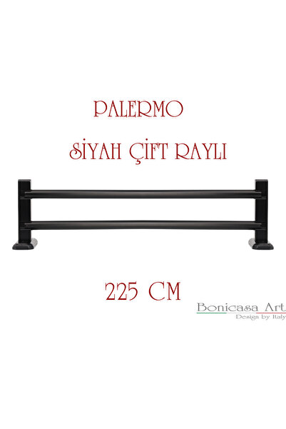 BonicasaArt Palermo Siyah Çift Raylı Ahşap Başlıklı Rustik Perde Askısı Çetra...