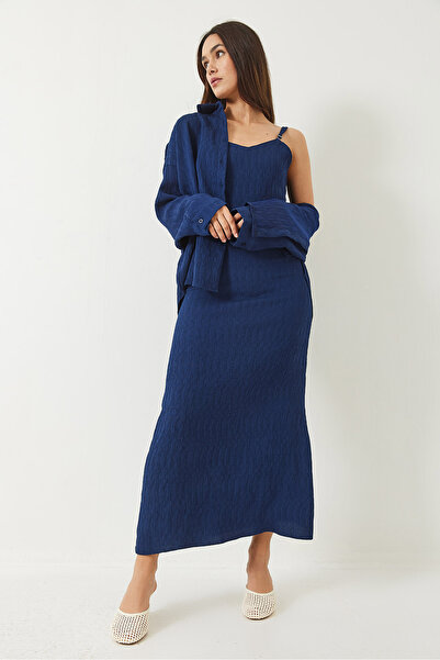 Bianco Lucci Women's Textured Thin Strap Dress Oversize Shirt Set of 2 6566 60283015