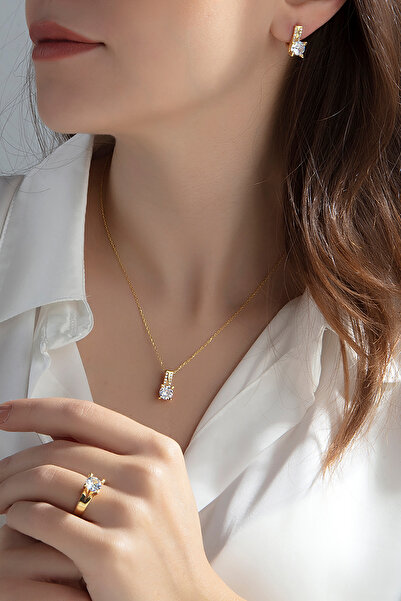 Else Silver 925 Ayar Mekik Tırnaklı Gümüş Tek Taş Takı Seti