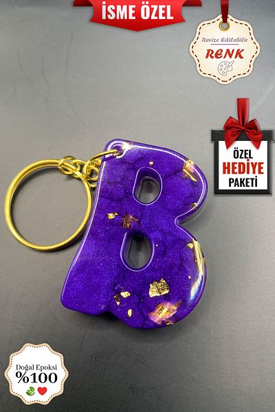 BİZİMSÜS Letter B Shiny Purple Keychain - Gift Keychain - Epoxy