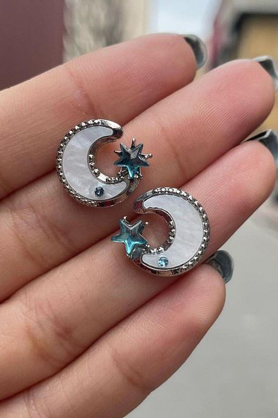 Köstebek Crystal Lolita Style Blue Starry White Moon Earrings