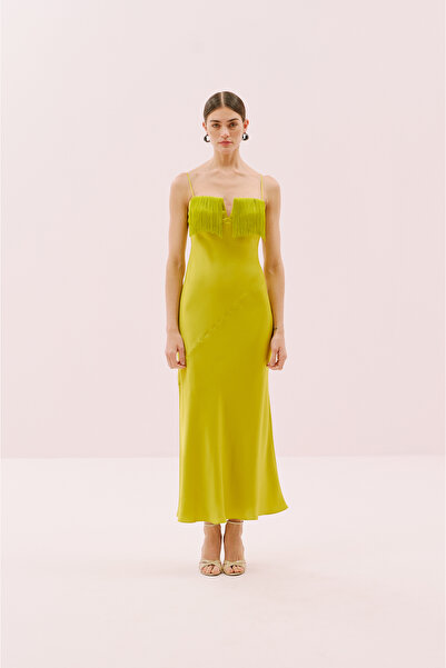 Roman İnce Askılı Püsküllü Maksi Boy Krep Saten Elbise Yağ Yeşili Y2511331_298