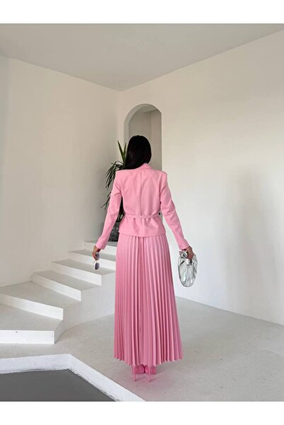 ZF BUTİK Belted Gold Buttoned Premium Jacket Skirt Suit