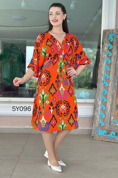 İnce Topuk V-Neck Ring Detail Viscose Dress 	 5Y096