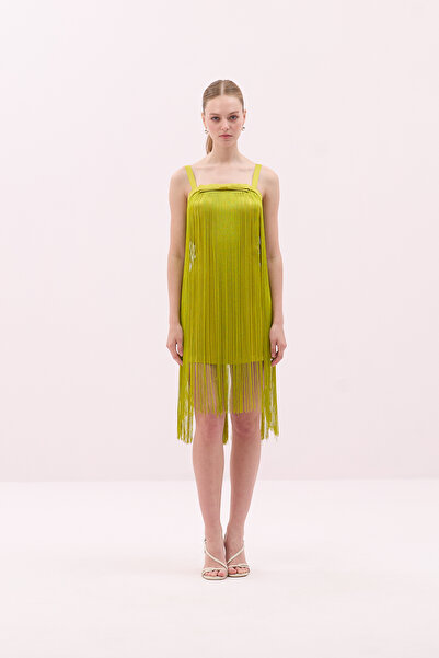 Roman Fiyonk Detaylı Püsküllü Mini Krep Saten Elbise Yağ Yeşili Y2511517_298