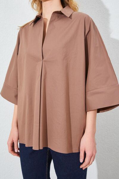 TENA Γυναικείο πουκάμισο σε καφέ χαμηλό μανίκι μπροστά με φαρδιά κοπή