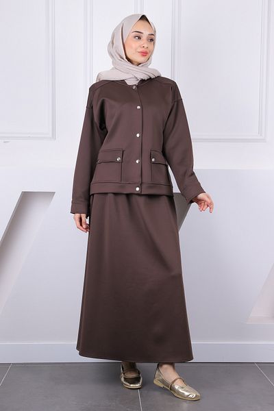 İmajButik Καφέ Σκουμπρί Μπουφάν Φούστα Κοστούμι