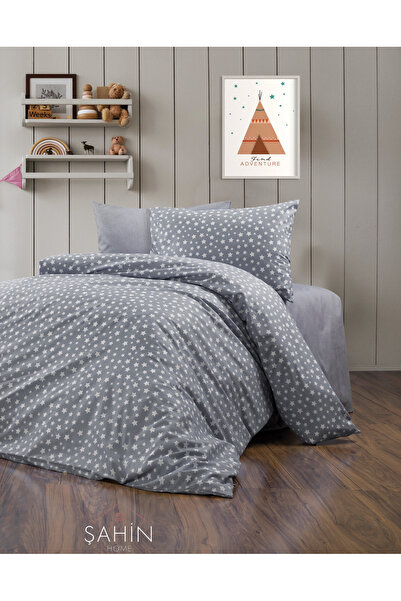 Şahinhome Gri Yıldızlı Genç Nevresim Takımı Çarşafı Lastikli Tek Kişilik Nevresim Takımı