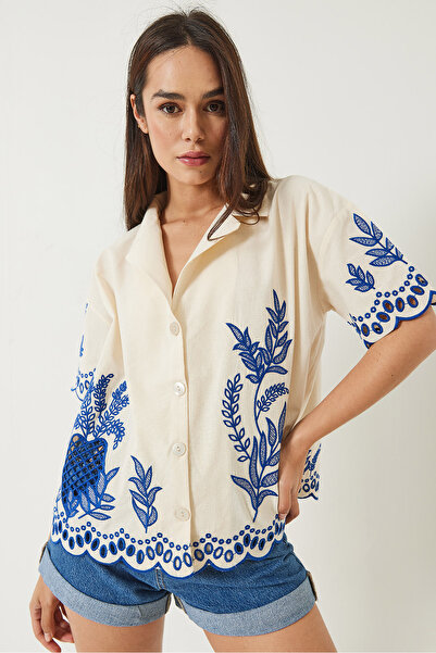 Bianco Lucci Cămașă de in brodat cu mânecă scurtă, cu rever, pentru femei 60283016