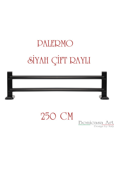 BonicasaArt Palermo Siyah Çift Raylı Ahşap Başlıklı Rustik Perde Askısı Çetra...
