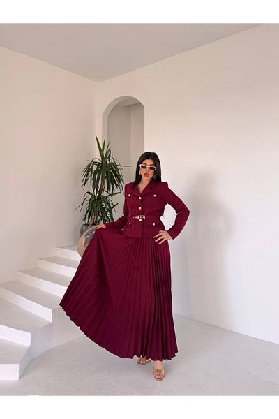 ZF BUTİK Belted Gold Buttoned Premium Jacket Skirt Suit