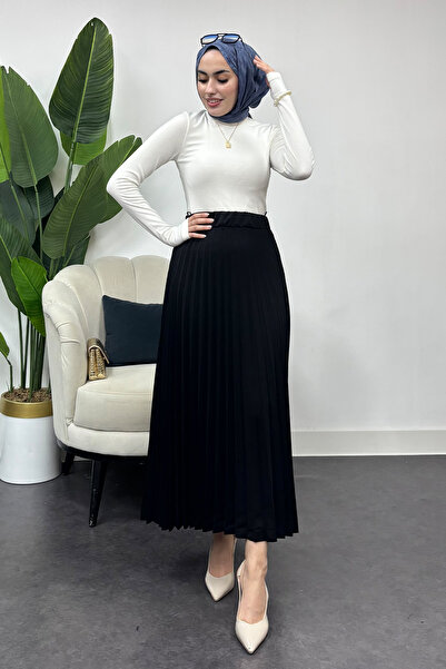 Tesettür Diyarı Fusta plisată din țesătură creponată pentru femei-negru