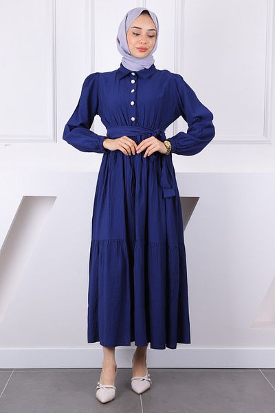 İmajButik Μοντάλ φόρεμα με ελαστική μέση σε μπλε ναυτικό