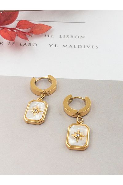 Siya Silver Non-Tarnish Steel Embossed Pearlescent Dangle Pole Star Earrings