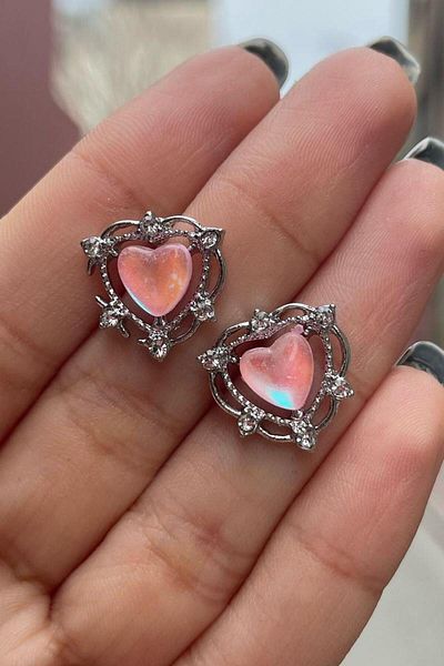 Köstebek Pink Crystal Lolita Style Heart Earrings with Rhinestone Bezel