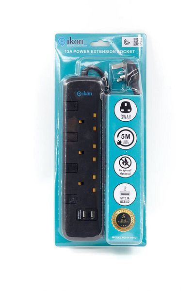 İkon IKON 3 Way Extension with 2 USBA with 5 Meter Cable IK-804U