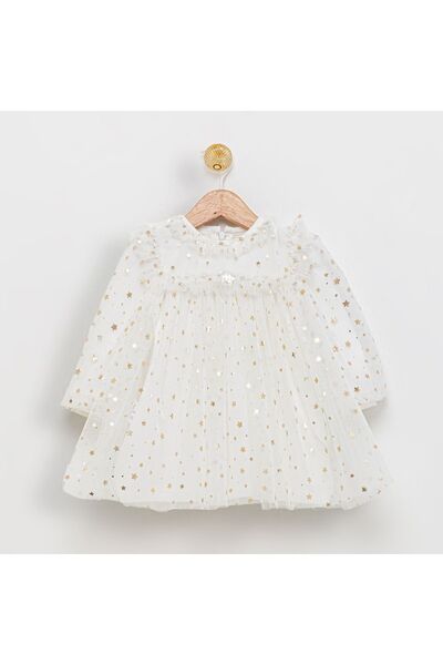 Baby Kız Bebek Altın Yıldız Desenli Tül Doğum Günü Fotoğraf Çekim Elbise Ekru