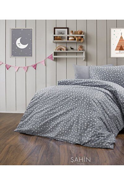 Şahinhome Gri Yıldızlı Genç Nevresim Takımı Çarşafı Lastikli Tek Kişilik Nevresim Takımı