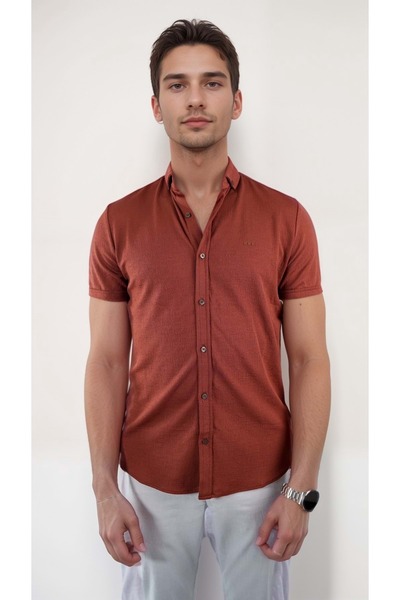 COONLESS ÇOK LİKRALI ERKEK KISA KOL GÖMLEK Kiremit