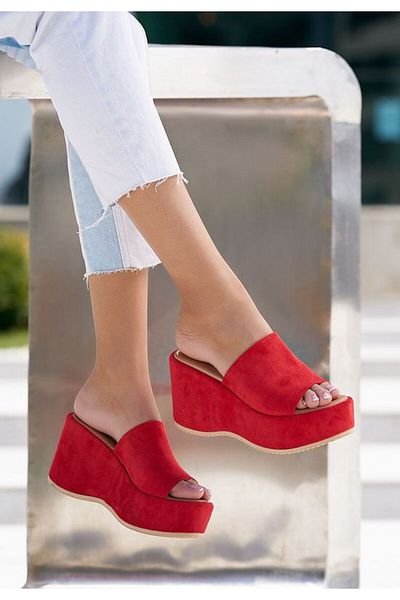 B T Shoes Belona red platform slippers