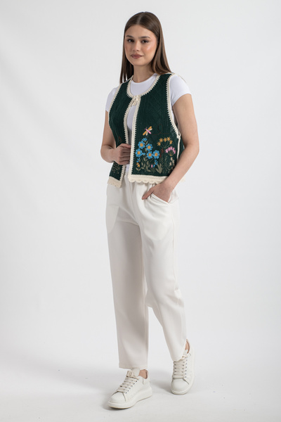 Hatun Atila Hatunatila Women's Floral Patterned Acrylic Drainage Vest Emerald - 5136