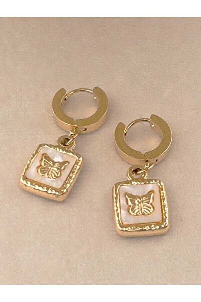 Siya Silver Kararmaz Çelik Kelebek Kabartmalı Sedefli Sallantılı Küpe