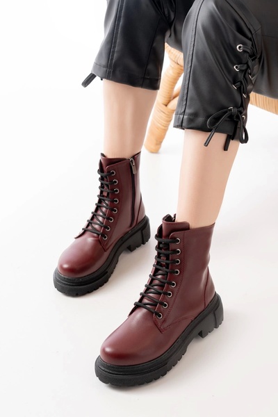 No8 Home 812-356 Claret Red Lace-Up Zippered Daily Women's Boots