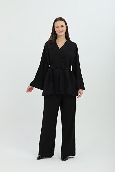 Genel Markalar Bel Bağlamalı Piliseli Kol Siyah Kruvaze Takım