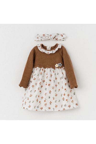 İNDİGO Girl's Brown Flower Printed Bandanna Dress