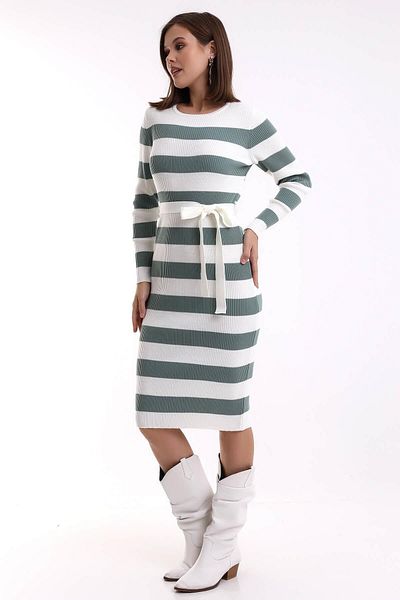 Irmak Kerekli Women's Ecru-Mint Corded Crew Neck Striped Knitwear Dress 5080