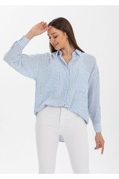 PERA MODA Πουκάμισο με διπλή τσέπη μακριά πίσω και κοντό μπροστά Luna λινό ριγέ υπερμεγέθη πουκάμισο