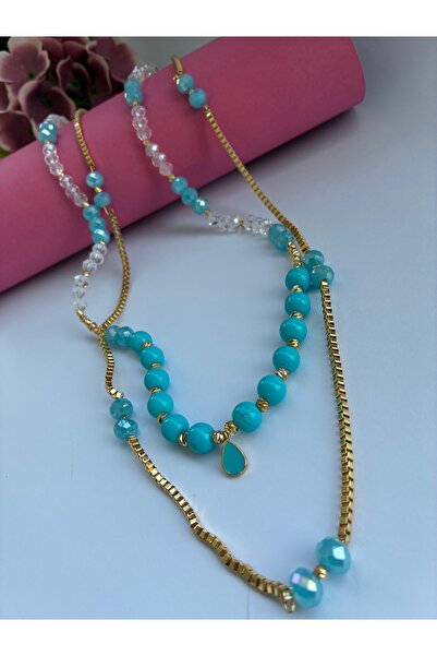 Nevgiss Aksesuar Altın Kaplama Turkuaz Cam Boncuklu ve Şeffaf Kristal Boncukl...