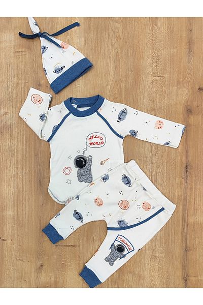 Tomuycuk Ecru Baby Boy Set 3-Piece - Cosmonaut Baby Set with Sweat & Hat - 100% Cotton