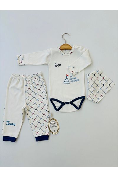 Tomuycuk Ecru Baby Boy Set - Tent Patterned & Body, My Camping Collar