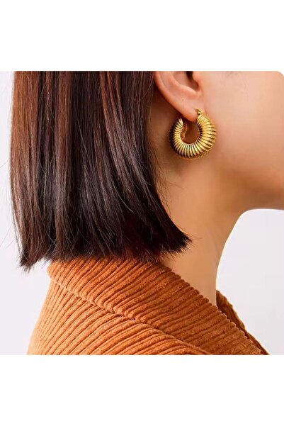 Siya Silver Kararmaz Çelik Altın Kaplama Gold Renk Tırtıklı Salyangoz Küpe