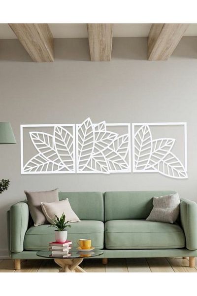 NT Handmade Set de pictură de perete din lemn alb, 3 piese, frunze pătrate, pentru living, dormitor, bucătărie