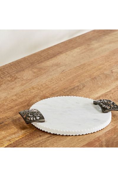 Home Box Willow Round Marble Tray with Handle - 32x26x3 cm